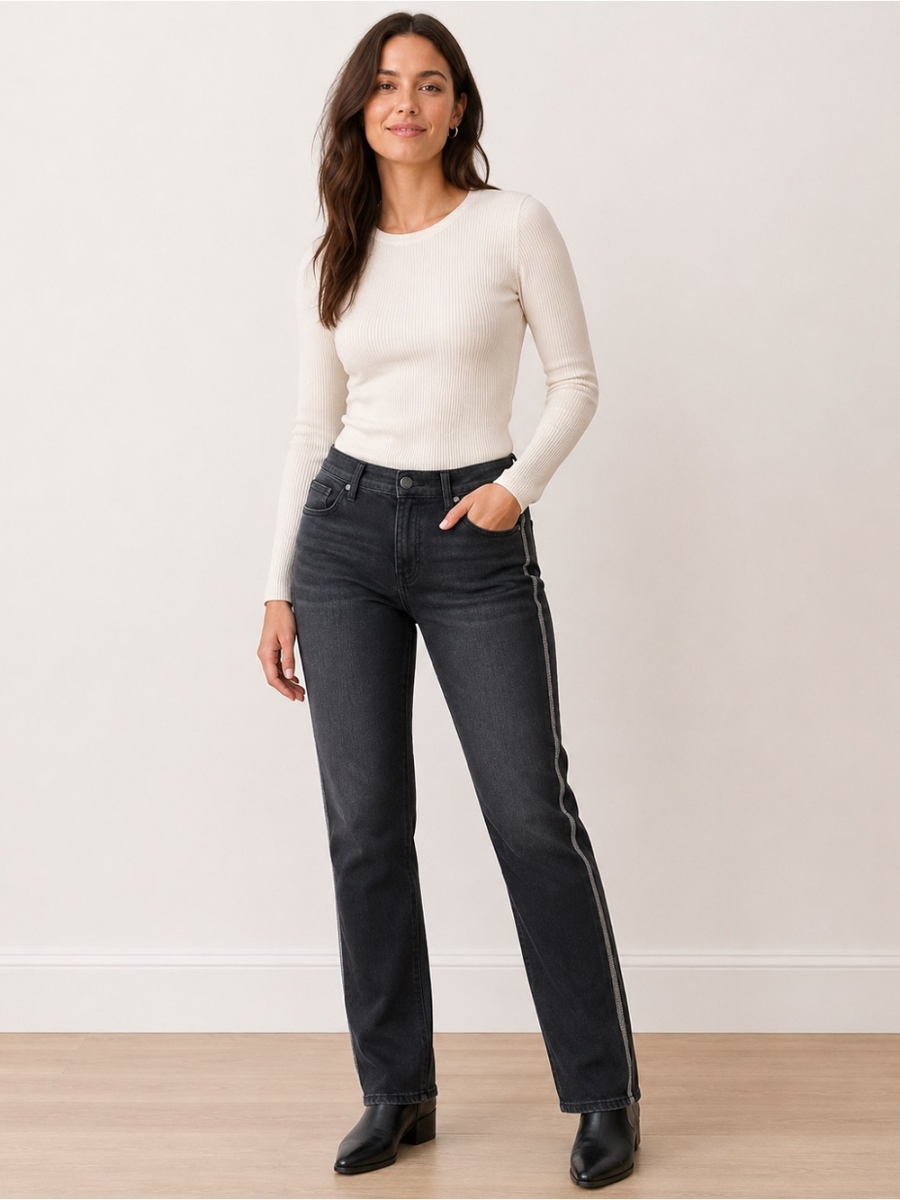 Liverpool Black Straight Leg Jeans with Side Stripe